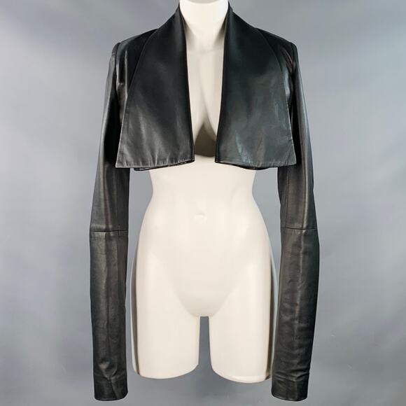 4G Size 0 Black Leather Cropped Large Lapel Open Front Jacket Blazer - Picture 1 of 10